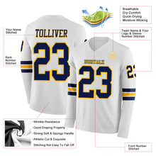 Laden Sie das Bild in den Galerie-Viewer, Custom White Navy-Gold Long Sleeve Authentic Football Jersey