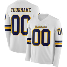 Laden Sie das Bild in den Galerie-Viewer, Custom White Navy-Gold Long Sleeve Authentic Football Jersey