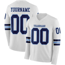 Load image into Gallery viewer, Custom White Navy-Light Blue Long Sleeve Authentic Football Jersey