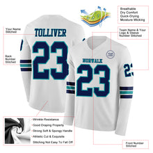 Load image into Gallery viewer, Custom White Navy-Teal Long Sleeve Authentic Football Jersey