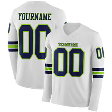 Laden Sie das Bild in den Galerie-Viewer, Custom White Navy-Neon Green Long Sleeve Authentic Football Jersey