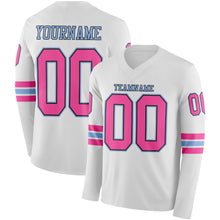 Laden Sie das Bild in den Galerie-Viewer, Custom White Pink Black-Light Blue Long Sleeve Authentic Football Jersey