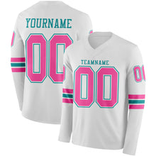 Laden Sie das Bild in den Galerie-Viewer, Custom White Pink-Teal Long Sleeve Authentic Football Jersey