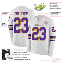 Загрузить изображение в средство просмотра галереи, Custom White Purple-Old Gold Long Sleeve Authentic Football Jersey