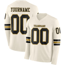 Load image into Gallery viewer, Custom Cream Black-Old Gold Long Sleeve Authentic Football Jersey