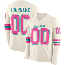 Load image into Gallery viewer, Custom Cream Pink-Teal Long Sleeve Authentic Football Jersey