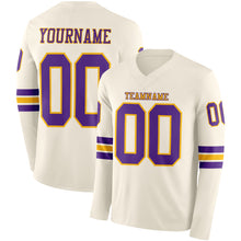 Load image into Gallery viewer, Custom Cream Purple-Gold Long Sleeve Authentic Football Jersey