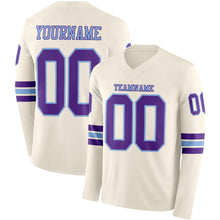 Load image into Gallery viewer, Custom Cream Purple-Light Blue Long Sleeve Authentic Football Jersey