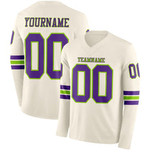 Load image into Gallery viewer, Custom Cream Purple-Neon Green Long Sleeve Authentic Football Jersey