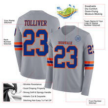 Load image into Gallery viewer, Custom Gray Royal-Orange Long Sleeve Authentic Football Jersey