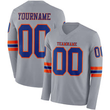 Load image into Gallery viewer, Custom Gray Royal-Orange Long Sleeve Authentic Football Jersey