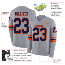 Load image into Gallery viewer, Custom Gray Navy-Orange Long Sleeve Authentic Football Jersey