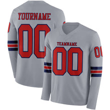 Load image into Gallery viewer, Custom Gray Red-Navy Long Sleeve Authentic Football Jersey