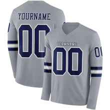 Load image into Gallery viewer, Custom Gray Navy-White Long Sleeve Authentic Football Jersey