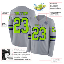 Load image into Gallery viewer, Custom Gray Neon Green-Navy Long Sleeve Authentic Football Jersey