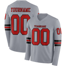 Load image into Gallery viewer, Custom Gray Red-Black Long Sleeve Authentic Football Jersey