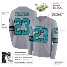 Load image into Gallery viewer, Custom Gray Teal-Black Long Sleeve Authentic Football Jersey