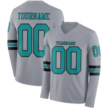 Load image into Gallery viewer, Custom Gray Teal-Black Long Sleeve Authentic Football Jersey