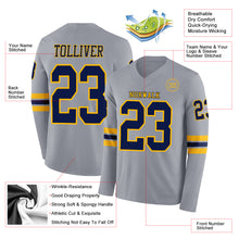 Load image into Gallery viewer, Custom Gray Navy-Gold Long Sleeve Authentic Football Jersey