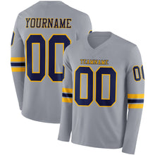 Load image into Gallery viewer, Custom Gray Navy-Gold Long Sleeve Authentic Football Jersey