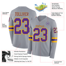 Load image into Gallery viewer, Custom Gray Purple-Gold Long Sleeve Authentic Football Jersey