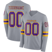 Load image into Gallery viewer, Custom Gray Purple-Gold Long Sleeve Authentic Football Jersey