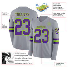 Load image into Gallery viewer, Custom Gray Purple-Neon Green Long Sleeve Authentic Football Jersey