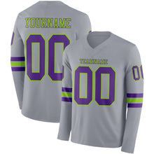 Load image into Gallery viewer, Custom Gray Purple-Neon Green Long Sleeve Authentic Football Jersey