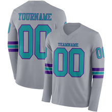 Load image into Gallery viewer, Custom Gray Teal-Purple Long Sleeve Authentic Football Jersey