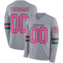 Load image into Gallery viewer, Custom Gray Pink-Kelly Green Long Sleeve Authentic Football Jersey