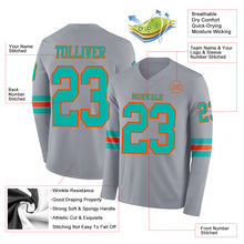 Load image into Gallery viewer, Custom Gray Aqua-Orange Long Sleeve Authentic Football Jersey
