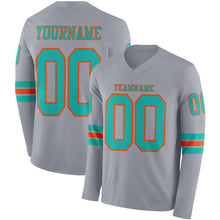Load image into Gallery viewer, Custom Gray Aqua-Orange Long Sleeve Authentic Football Jersey