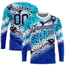 Laden Sie das Bild in den Galerie-Viewer, Custom Lakes Blue Navy Thunder Blue-White Fishing Fish Bone Gradient Long Sleeve Performance T-Shirt