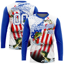 Загрузить изображение в средство просмотра галереи, Custom White Fire Red-Thunder Blue Fishing Bass Fish American Flag Long Sleeve Performance T-Shirt