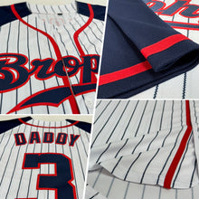 Laden Sie das Bild in den Galerie-Viewer, Custom White Navy Pinstripe Navy-Red Authentic Raglan Sleeves Baseball Jersey