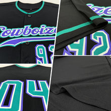 Load image into Gallery viewer, Custom Black Teal-Purple Authentic Baseball Jersey