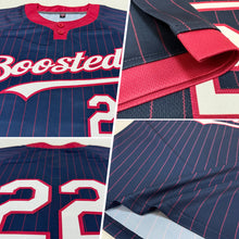 Laden Sie das Bild in den Galerie-Viewer, Custom Navy Crimson Pinstripe White Two-Button Unisex Softball Jersey