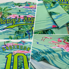 Laden Sie das Bild in den Galerie-Viewer, Custom Lakes Blue Neon Green-Royal 3D Pattern Design Beach Hawaii Palm Trees And Flamingo Authentic Baseball Jersey