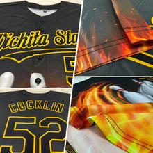 Load image into Gallery viewer, Custom Black Gold 3D Pattern Design Flame Bowling Authentic Baseball Jersey