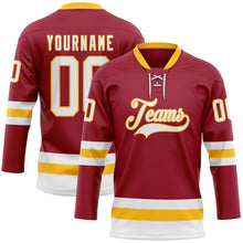 Load image into Gallery viewer, Custom Maroon White-Gold Hockey Lace Neck Jersey