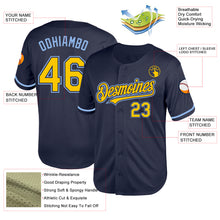 Laden Sie das Bild in den Galerie-Viewer, Custom Navy Yellow-Light Blue Mesh Authentic Throwback Baseball Jersey