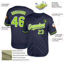 Load image into Gallery viewer, Custom Navy Neon Green-White Mesh Authentic Throwback Baseball Jersey