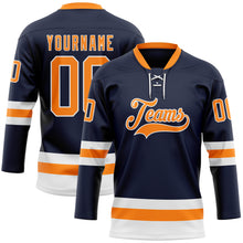 Load image into Gallery viewer, Custom Navy Bay Orange-White Hockey Lace Neck Jersey