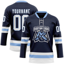 Load image into Gallery viewer, Custom Navy White-Light Blue Hockey Lace Neck Jersey