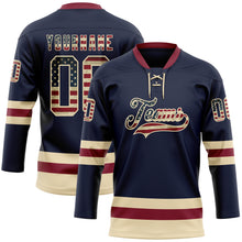 Load image into Gallery viewer, Custom Navy Vintage USA Flag Cream-Crimson Hockey Lace Neck Jersey