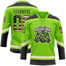 Load image into Gallery viewer, Custom Neon Green Vintage USA Flag Black-Cream Hockey Lace Neck Jersey