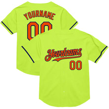 Load image into Gallery viewer, Custom Neon Green Orange-Navy Mesh Authentic Throwback Baseball Jersey