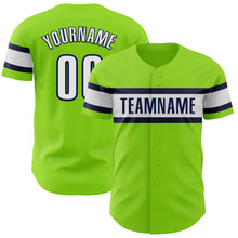 Load image into Gallery viewer, Custom Neon Green White-Navy Authentic Baseball Jersey