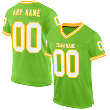 Laden Sie das Bild in den Galerie-Viewer, Custom Neon Green White-Gold Mesh Authentic Throwback Football Jersey
