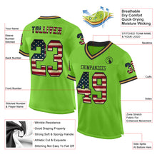 Laden Sie das Bild in den Galerie-Viewer, Custom Neon Green Vintage USA Flag Black-Old Gold Mesh Authentic Throwback Football Jersey
